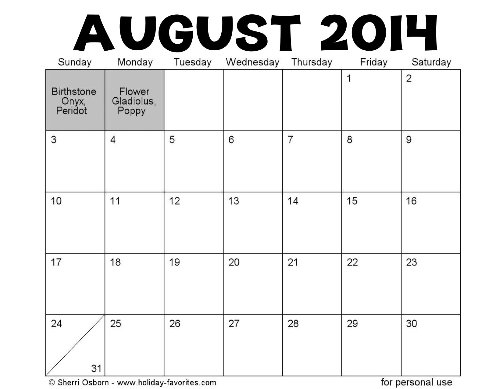 Gallery For August Calendar 2014 With Holidays