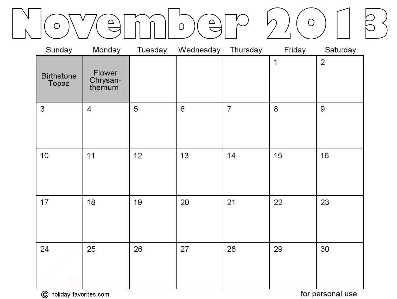 Printable Calendar November Printable World Holiday
