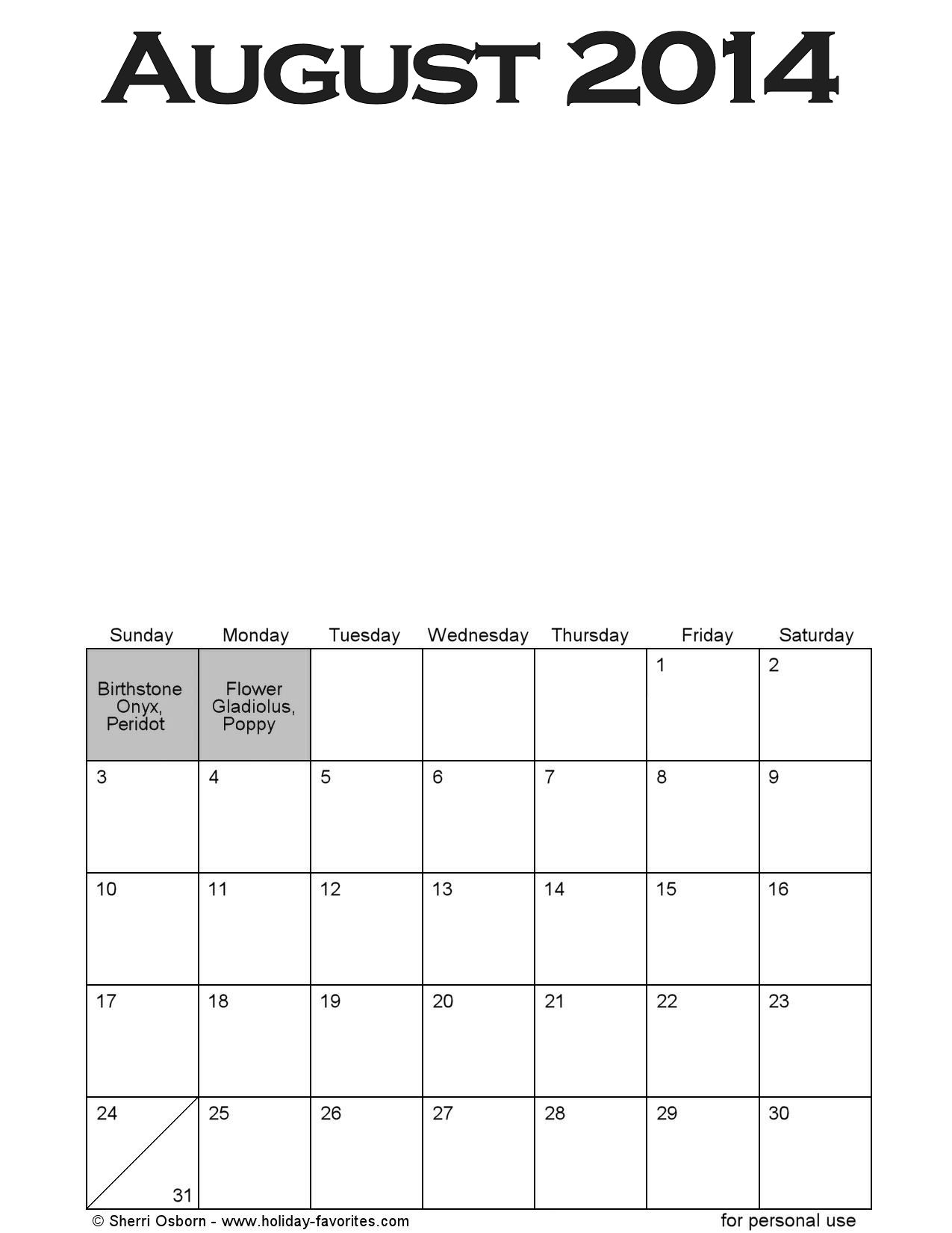 Printable August 2014 Calendars Holiday Favorites