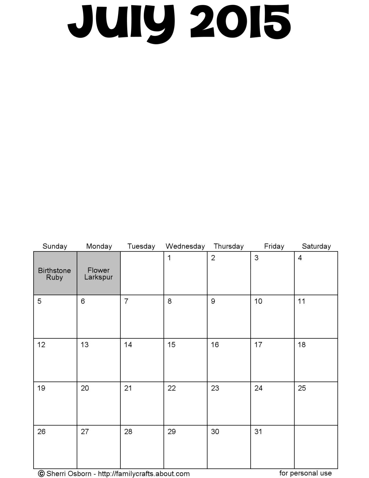 Printable Blank July 2015 Calendar