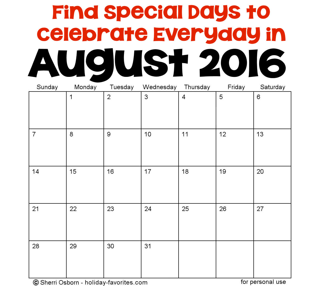 August Holidays and Special Days Holiday Favorites