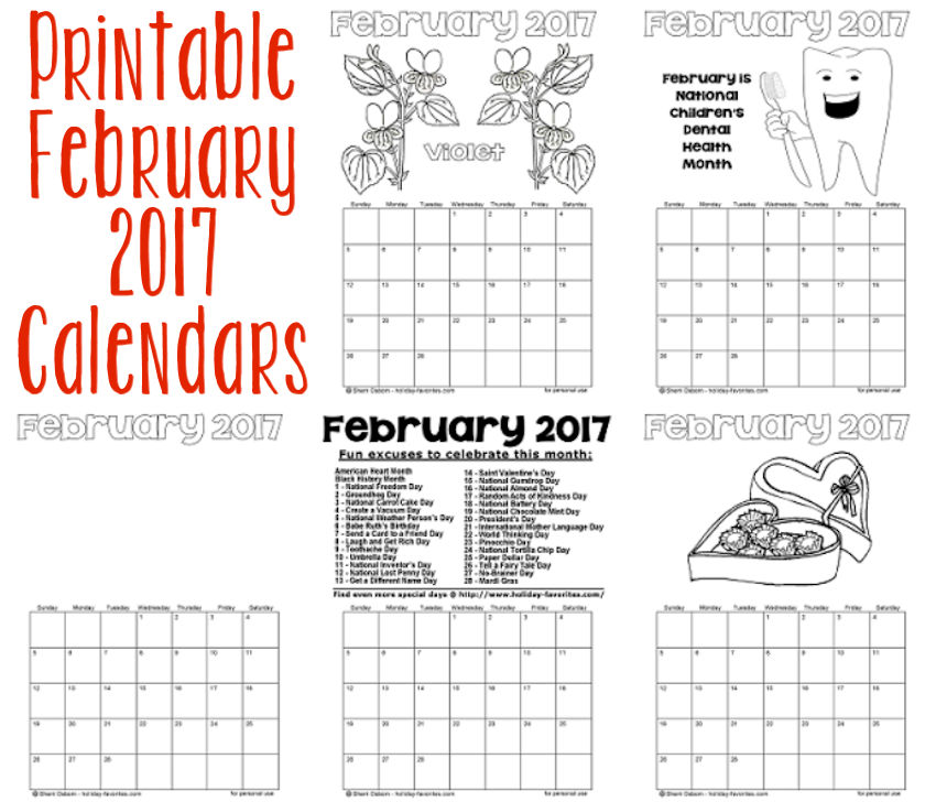 Printable February 2017 Calendars | Holiday Favorites
