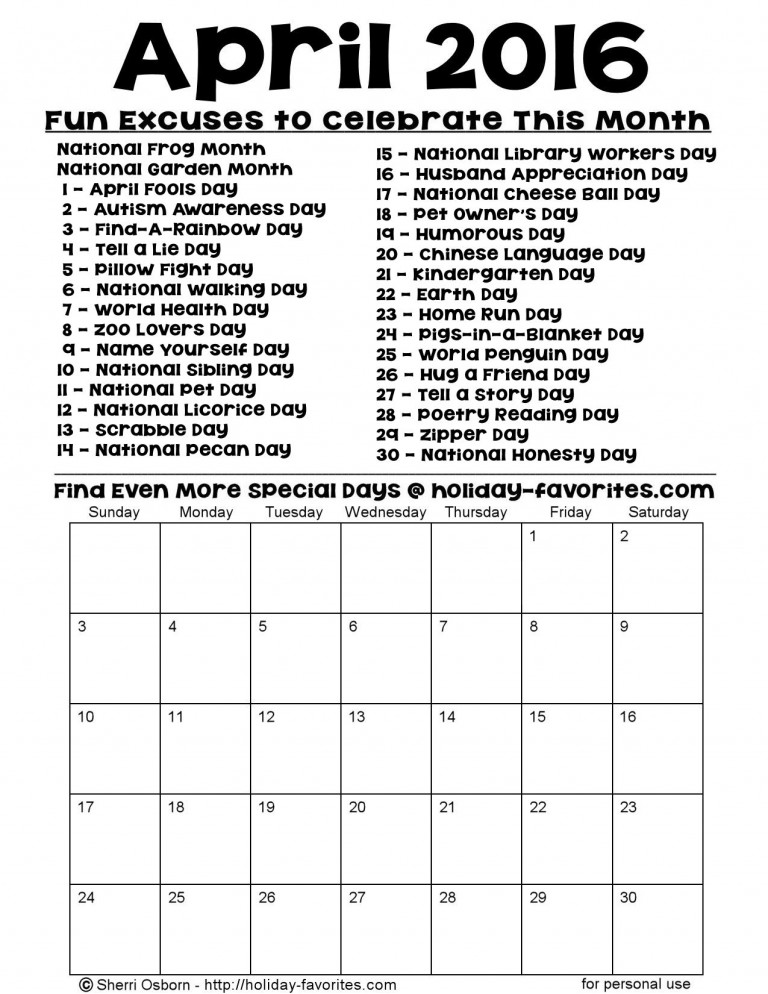 April 2016 Special Days Calendar Page Holiday Favorites