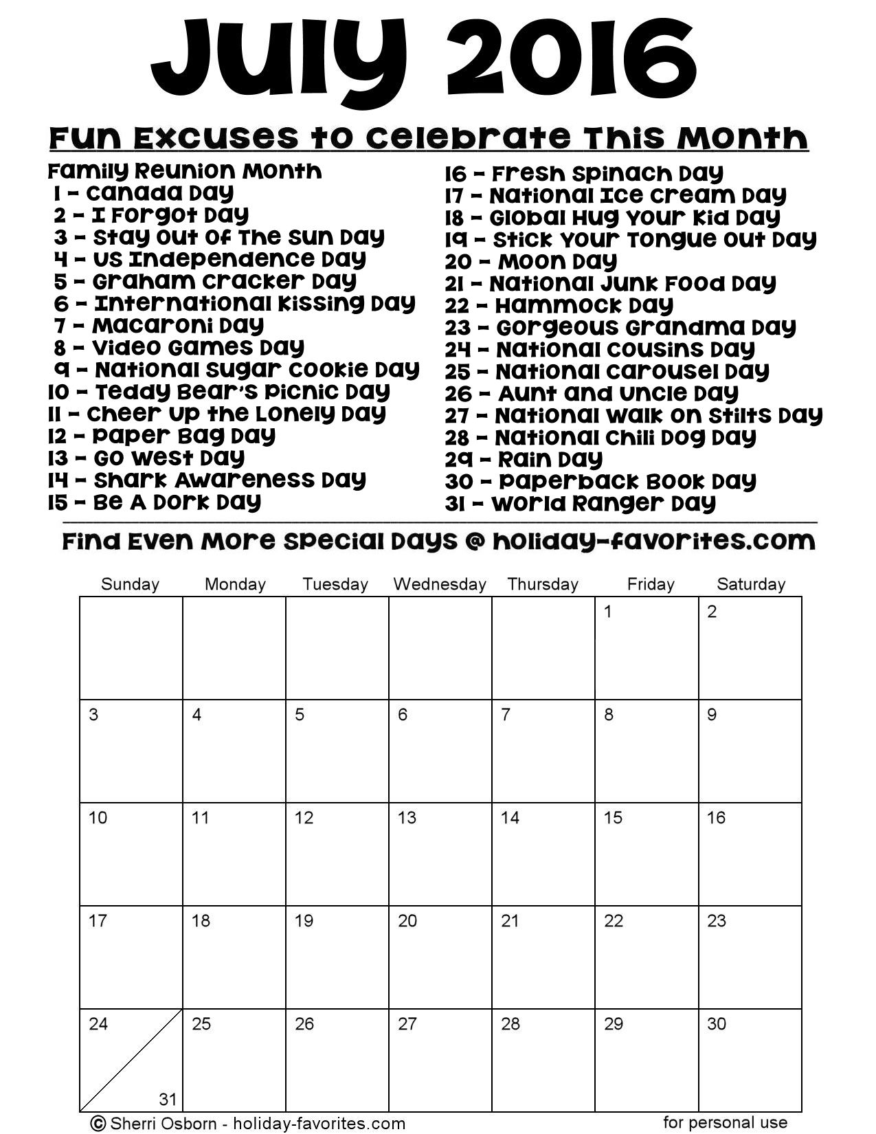 Printable July 2016 Calendars Holiday Favorites