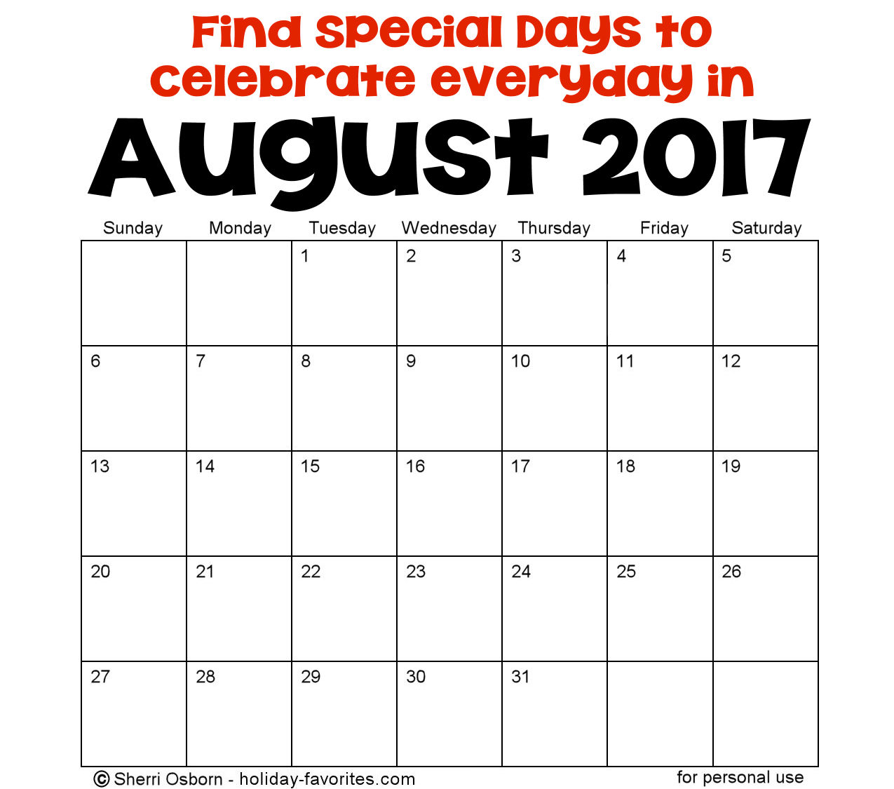 August Holidays and Special Days Holiday Favorites