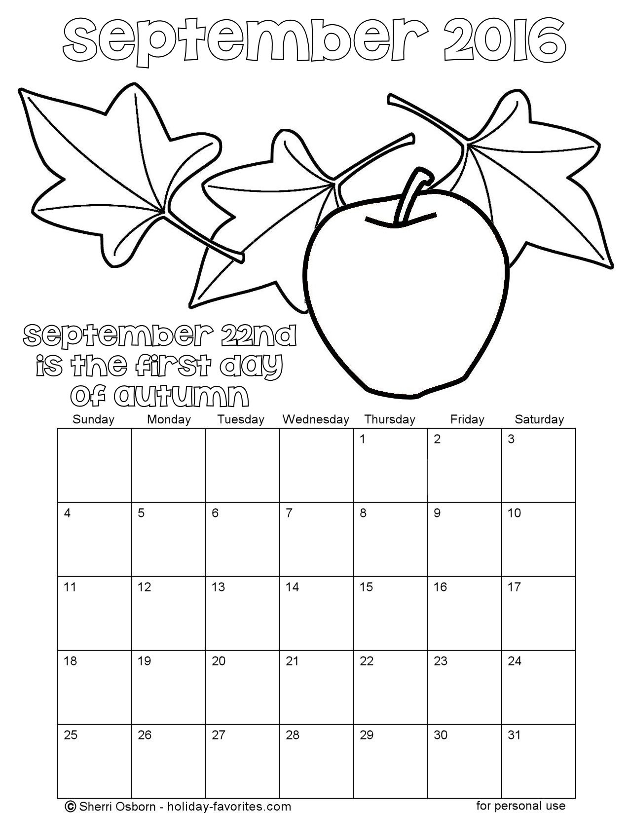 September 2016 Autumn Coloring Page Calendar