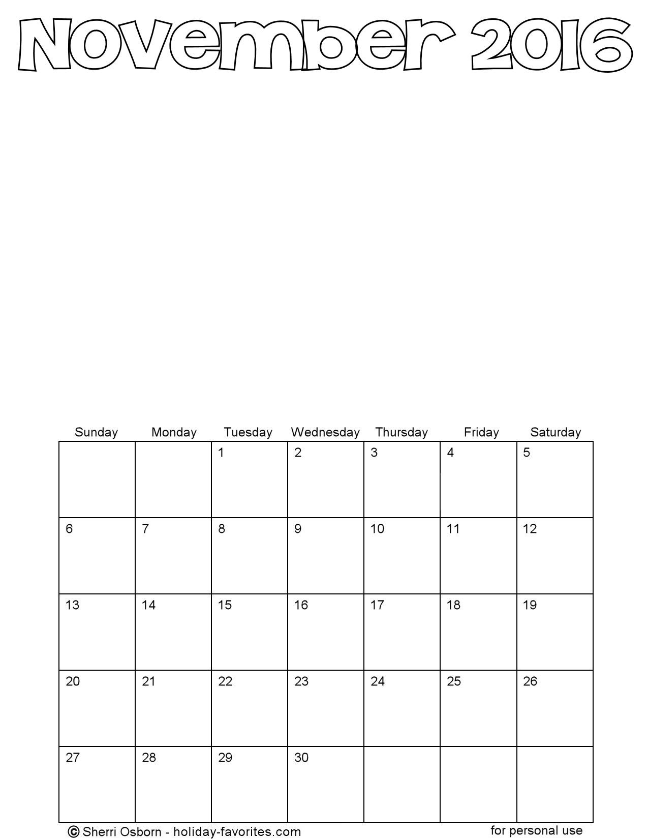 Printable November Calendars Holiday Favorites