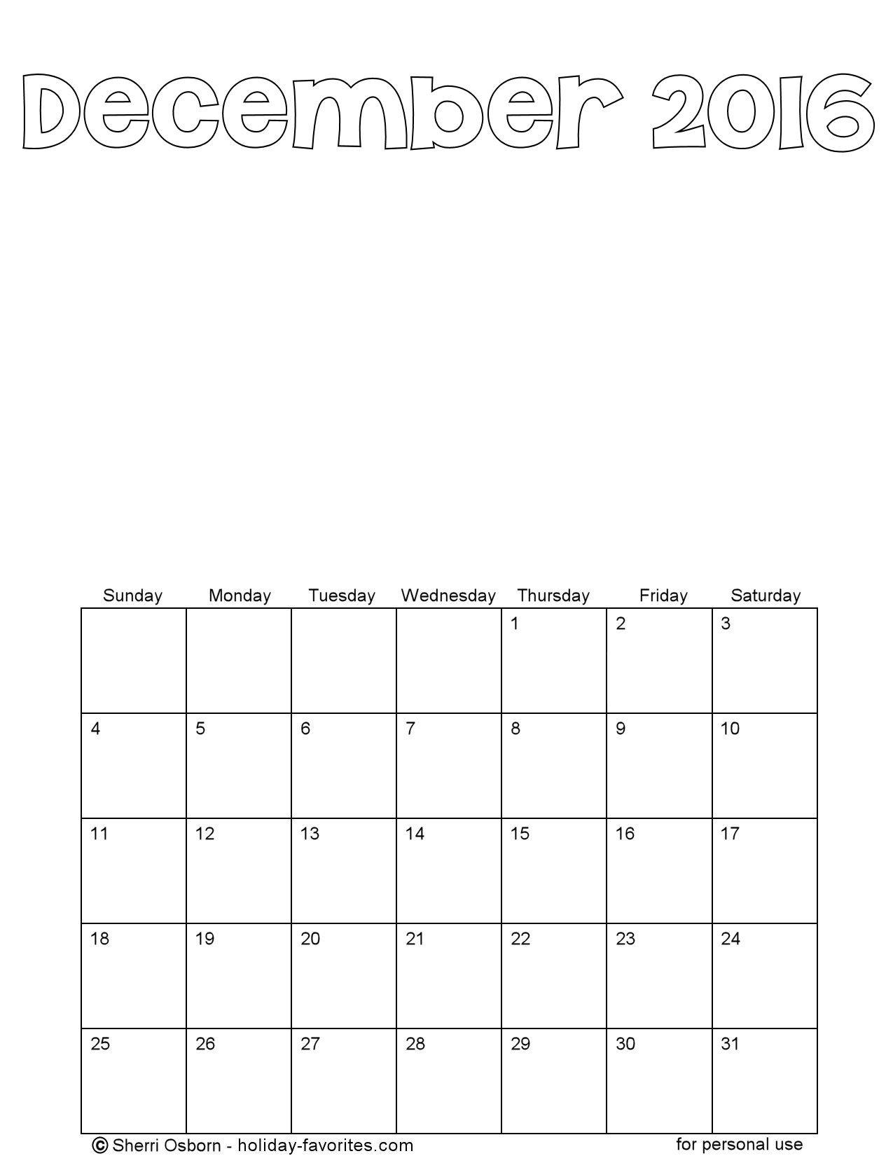 Blank December 2016 Calendar Page