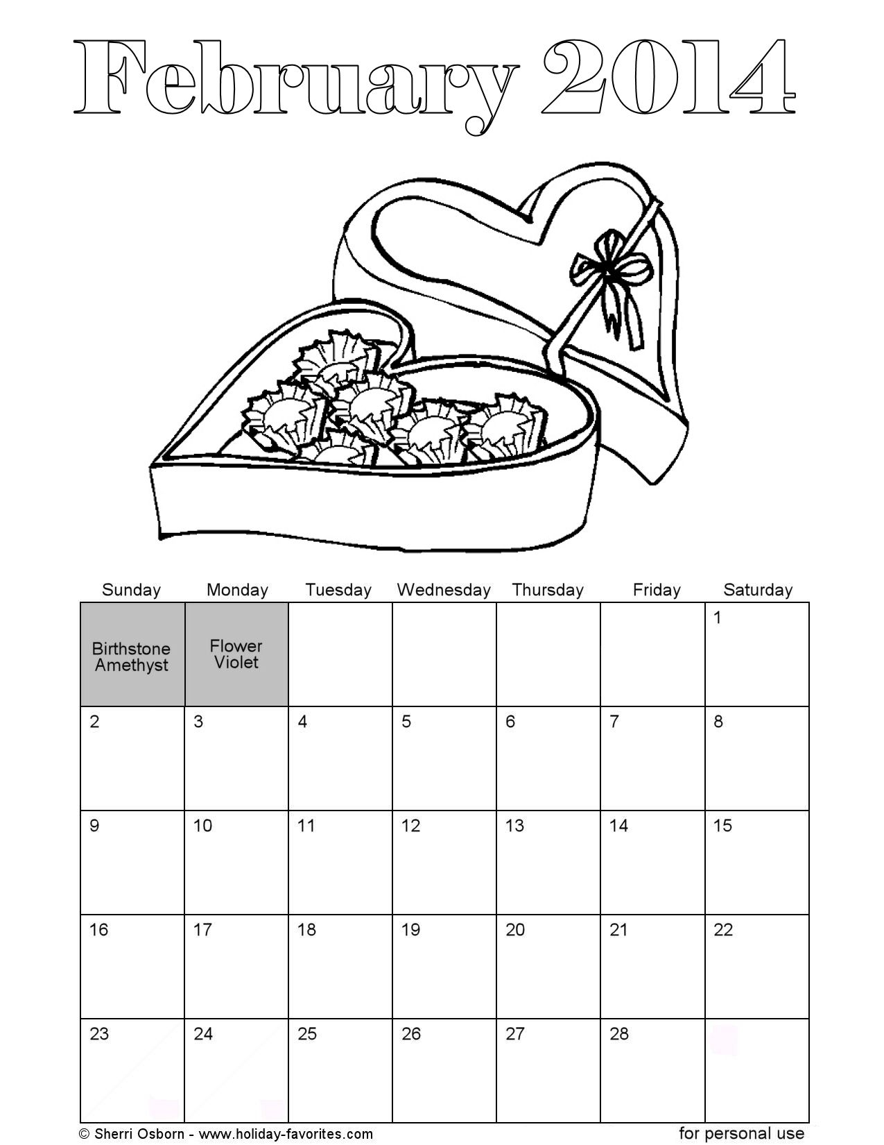 Printable February 2014 Calendars | Holiday Favorites