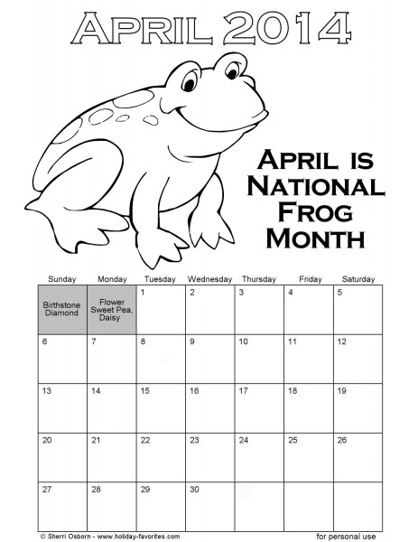 printable april 2014 frog coloring calendar | Holiday Favorites